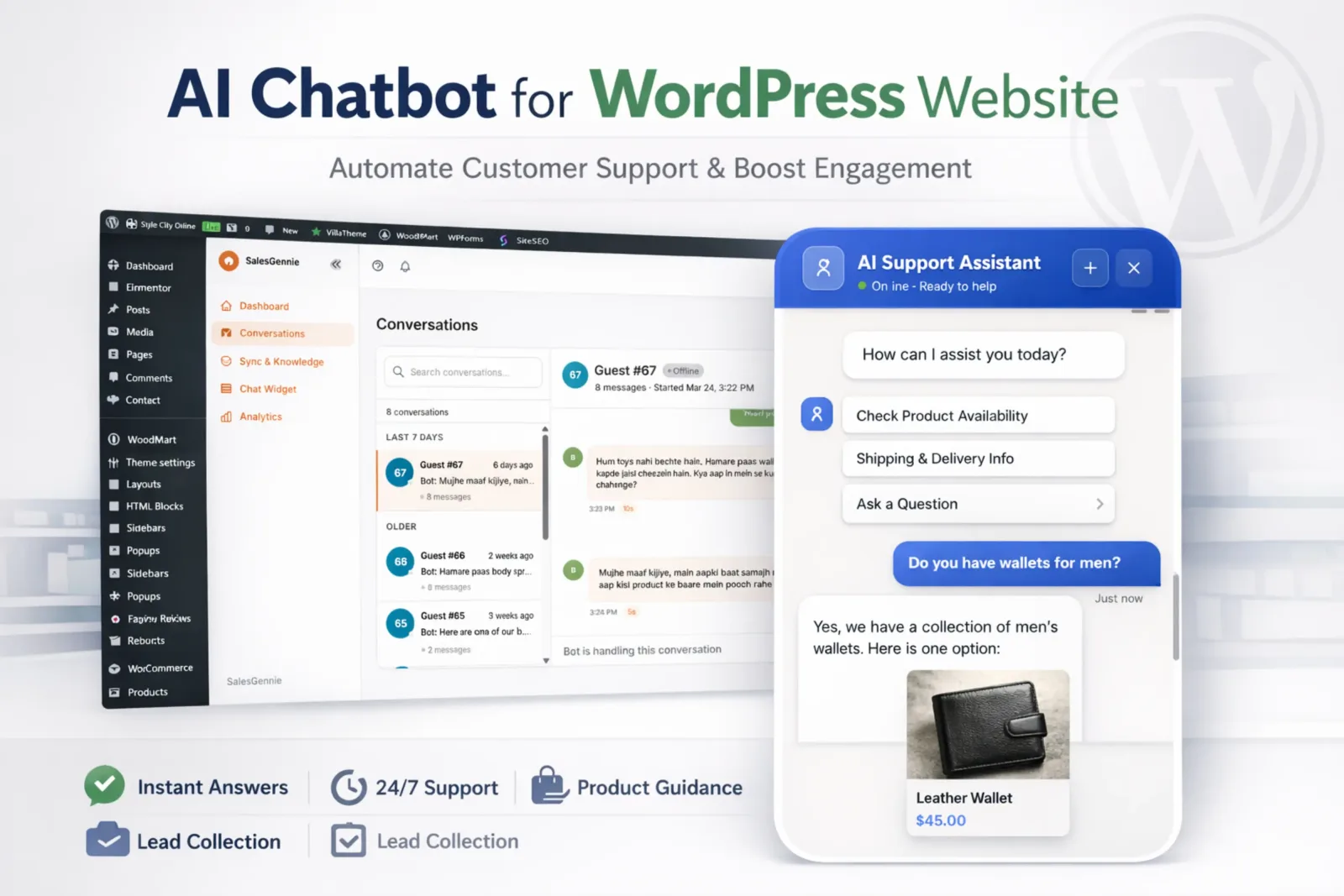 SalesGennie chat widget showing product suggestions